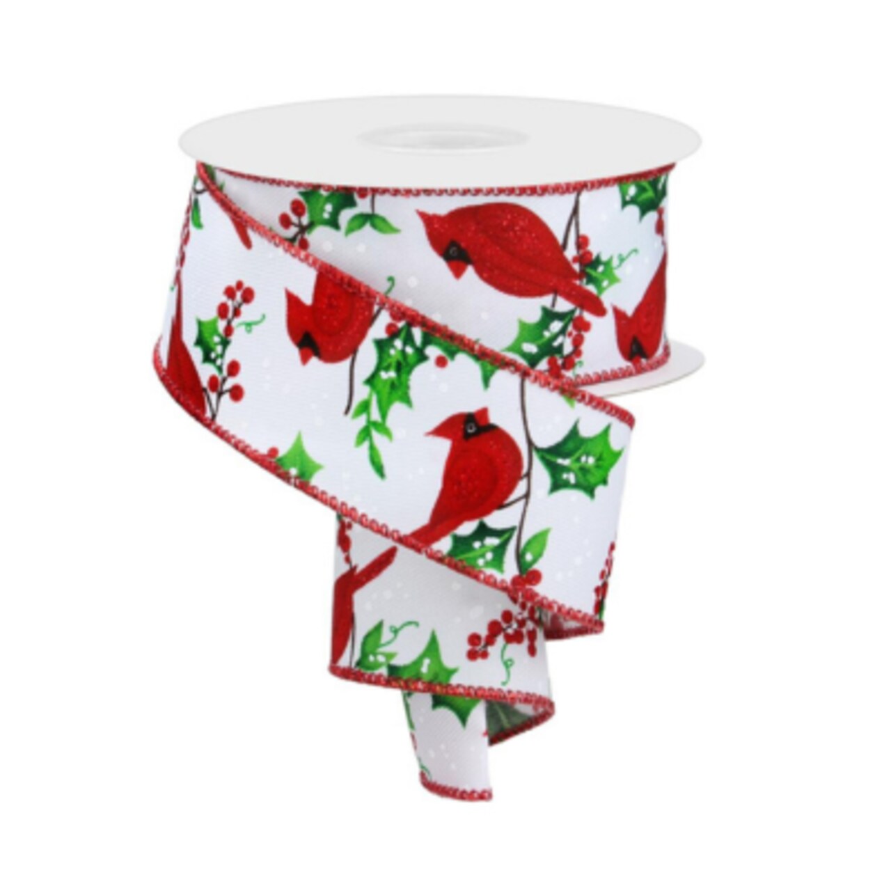 1.5" x 10yd Cardinal and Holly Berries Christmas Wired Ribbon - Festive Red, Green, and White Holiday Ribbon -RGE153027